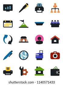 Color and black flat icon set - hierarchy vector, pen, meeting, statistic monitor, patient, term, camera, network, update, root setup, printer, copier, house, cafe building, bowl, motivation, wallet