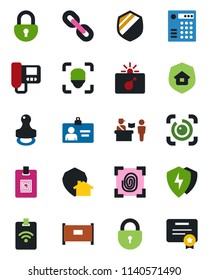 Color and black flat icon set - fence vector, passport control, bomb in case, lock, identity card, shield, chain, protect, face id, eye, stamp, estate insurance, fingerprint, intercome, home, pass
