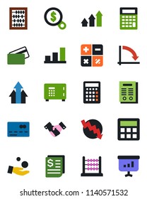 Color and black flat icon set - credit card vector, safe, handshake, calculator, abacus, crisis graph, receipt, bar, contract, arrow up, money search, investment, presentation