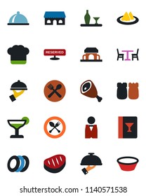 Color and black flat icon set - spoon and fork vector, cafe, waiter, dish, alcohol, serviette, cook hat, wine card, reserved, cocktail, plates, salt pepper, building, steak, ham, bowl