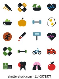Color and black flat icon set - plant label vector, pumpkin, heart pulse, dropper, patch, ambulance car, barbell, bike, run, lungs, caries, hospital, salad, rolling pin, omelette, apple fruit