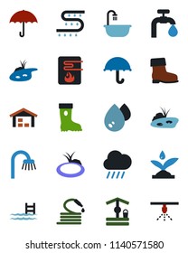 Color and black flat icon set - boot vector, rain, well, hose, pond, drip irrigation, umbrella, pool, water supply, warehouse, bathroom, heater, sprinkler