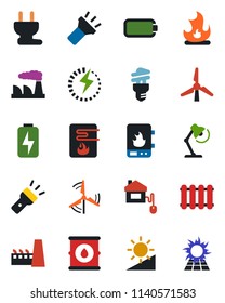 Color and black flat icon set - factory vector, fire, oil barrel, torch, brightness, battery, charge, desk lamp, windmill, home control, power plug, water heater, radiator, energy saving bulb