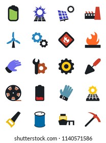 Color and black flat icon set - gear vector, trowel, glove, saw, sea port, flammable, oil barrel, reel, low battery, root setup, sun panel, factory, windmill, hard work