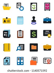 Color and black flat icon set - identity vector, stamp, office binder, document search, notepad, reload, receipt, news, folder, clipboard, case, archive box, estate, certificate