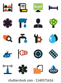 Color and black flat icon set - bed vector, wind, luggage storage, statistic monitor, contract, water drop, heart diagnostic, pills blister, ambulance star, folder document, antenna, root setup