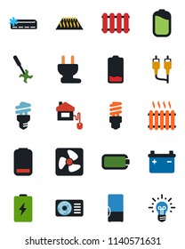 Color and black flat icon set - ripper vector, low battery, rca, heater, air conditioner, fridge, home control, power plug, fan, radiator, warm floor, energy saving bulb, idea