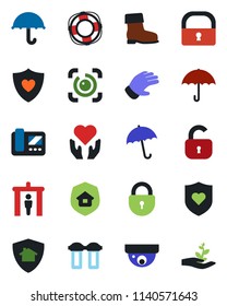 Color and black flat icon set - security gate vector, umbrella, lock, glove, boot, heart shield, hand, eye id, estate insurance, intercome, water filter, home protect, surveillance, palm sproute