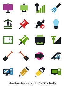 Color and black flat icon set - right arrow vector, ladder car, presentation board, drawing pin, bulb, job, pencil, garden fork, shovel, well, satellite, hdmi, cellular signal, plan, pc