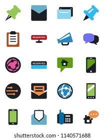 Color and black flat icon set - mobile phone vector, office, loudspeaker, network, cell, paper pin, mail, message, clipboard, reserved, home