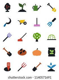 Color and black flat icon set - job vector, garden fork, shovel, farm, rake, watering can, wheelbarrow, sproute, hoe, sickle, plant label, pumpkin, greenhouse, seeds, fertilizer, fruit tree