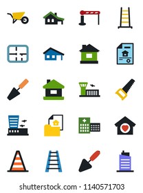 Color and black flat icon set - barrier vector, border cone, airport building, trowel, ladder, wheelbarrow, saw, house, hospital, with garage, plan, estate document, sweet home, city