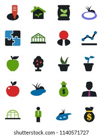 Color and black flat icon set - manager vector, seedling, plant label, greenhouse, pond, fertilizer, application, point graph, fruit tree, estate agent, apple, eco house, money bag