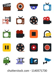 Color and black flat icon set - ticket office vector, clapboard, film frame, reel, tv, video camera, pause button, stop, rec, record, web, intercome, surveillance