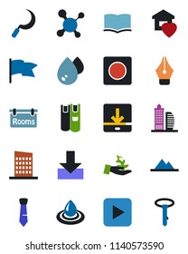 Color and black flat icon set - book vector, sickle, molecule, play button, record, download, ink pen, tie, mountains, rooms, office building, sweet home, city house, water, palm sproute, flag