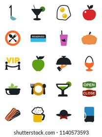 Color and black flat icon set - spoon and fork vector, pumpkin, cafe, reserved, cocktail, phyto bar, beer, salad, bacon, waiter, egg stand, vip zone, dress code, open close, ladle, omelette, fridge