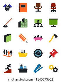 Color and black flat icon set - office chair vector, team, meeting, hoe, axe, copybook, presentation board, drawing pin, building, document folder, blank box, manager desk, target, hierarchy, pencil