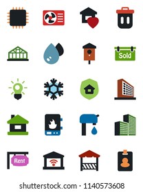 Color and black flat icon set - office building vector, greenhouse, bird house, water supply, rent, sold signboard, sweet home, estate insurance, alcove, chip, heater, snowflake, air conditioner