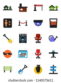 Color and black flat icon set - fence vector, barrier, elevator, plane, job, shovel, watering can, bench, fireplace, real heart, calendar, office chair, house with tree, washer, restaurant table