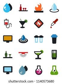 Color and black flat icon set - water drop vector, dropper, flammable, monitor, alcohol, drink, cocktail, filter, sprinkler, flask