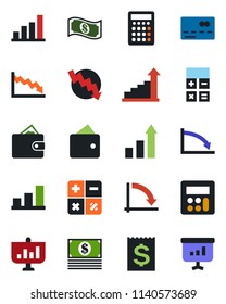 Color and black flat icon set - credit card vector, growth statistic, calculator, crisis graph, receipt, bar, wallet, cash, presentation