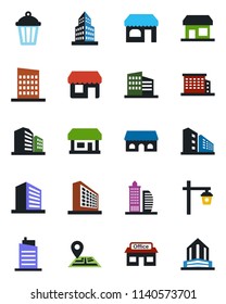Color and black flat icon set - shop vector, office building, garden light, navigation, store, city house, cafe, storefront