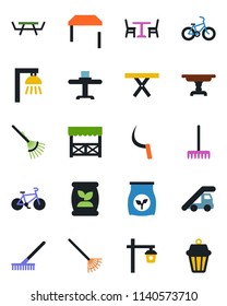 Color and black flat icon set - cafe vector, ladder car, rake, sickle, garden light, picnic table, fertilizer, bike, restaurant, alcove, outdoor lamp