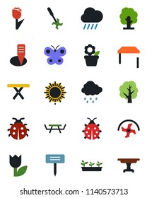 Color and black flat icon set - sun vector, flower in pot, ripper, tree, butterfly, lady bug, seedling, rain, plant label, picnic table, tulip