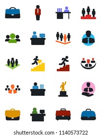 Color and black flat icon set - manager vector, pedestal, team, place, client, case, company, desk, career ladder, group