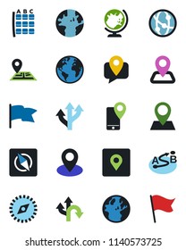 Color and black flat icon set - globe vector, seat map, route, navigation, earth, pin, mobile tracking, network, place tag, compass, flag