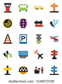Color and black flat icon set - airport tower vector, plane radar, taxi, bus, parking, passport control, signpost, border cone, helicopter, route, traffic light, truck trailer, guidepost