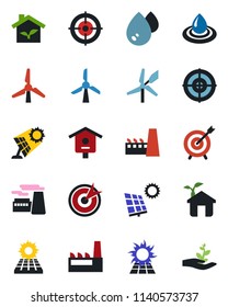 Color and black flat icon set - factory vector, bird house, target, sun panel, windmill, eco, water, palm sproute