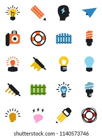 Color and black flat icon set - brainstorm vector, bulb, camera, pencil, fence, rolling pin, energy saving, shining head, idea, paper plane, crisis management