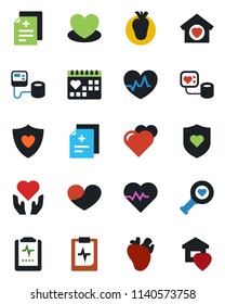 Color and black flat icon set - heart vector, pulse, diagnosis, blood pressure, diagnostic, shield, hand, real, medical calendar, clipboard, sweet home
