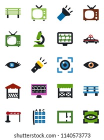 Color and black flat icon set - barrier vector, tv, alarm car, seat map, bench, monitor pulse, microscope, eye, torch, plan, alcove, scan