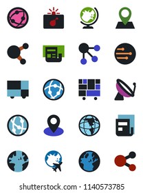 Color and black flat icon set - satellite antenna vector, bomb in case, globe, plane, earth, pin, consolidated cargo, network, share, news, social media