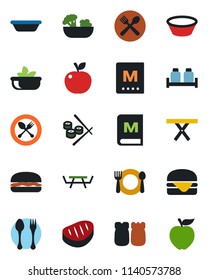 Color and black flat icon set - spoon and fork vector, picnic table, cafe, menu, salad, salt pepper, steak, hamburger, bowl, sushi, apple fruit