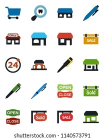 Color and black flat icon set - 24 around vector, shop, pen, store, search cargo, sale, sold signboard, cafe building, open close, cart, storefront