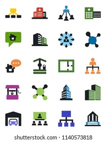 Color and black flat icon set - hierarchy vector, well, molecule, hospital, office building, garage, plan, home message