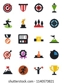 Color and black flat icon set - dispatcher vector, pedestal, pennant, medal, run, stopwatch, target, motivation, award cup