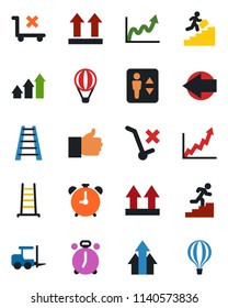 Color and black flat icon set - elevator vector, alarm clock, left arrow, fork loader, ladder, up side sign, no trolley, finger, career, graph, growth, air balloon