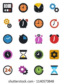 Color and black flat icon set - 24 around vector, alarm clock, settings, stopwatch, gear, sand