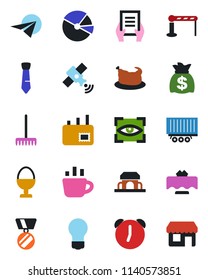 Color and black flat icon set - barrier vector, medal, money bag, coffee, document, bulb, rake, truck trailer, satellite, alarm, pie graph, tie, mail, restaurant table, egg stand, cafe building