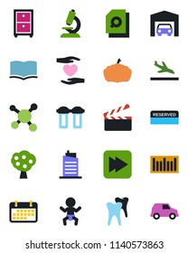 Color and black flat icon set - arrival vector, baby, book, pumpkin, microscope, heart hand, tooth, molecule, term, barcode, clapboard, fast forward, document search, archive box, fruit tree, garage
