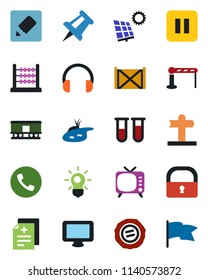 Color and black flat icon set - barrier vector, phone, drawing pin, stamp, diagnosis, blood test vial, signpost, container, railroad, tv, headphones, monitor, pause button, notes, lock, abacus, pond