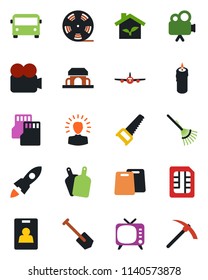 Color and black flat icon set - airport bus vector, plane, job, rake, saw, reel, tv, video camera, sd, sim, identity card, cafe building, candle, cutting board, eco house, shining head, rocket