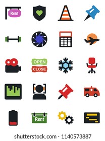 Color and black flat icon set - border cone vector, ambulance car, barbell, heart shield, plane, low battery, mobile camera, scanner, face id, video, drawing pin, calculator, office chair, rent