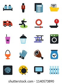 Color and black flat icon set - manager vector, document, glove, sun, garden light, fertilizer, ambulance car, run, heavy scales, film frame, monitor, brightness, fingerprint id, folder, phyto bar