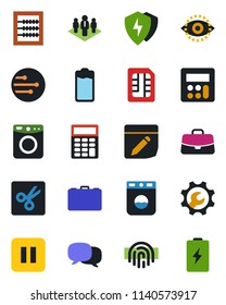 Color and black flat icon set - case vector, battery, pause button, message, protect, calculator, sim, network, notes, cut, eye id, fingerprint, root setup, abacus, company, washer