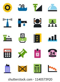Color and black flat icon set - reception bell vector, airport building, drawing pin, printer, sun, drip irrigation, 24 hours, container, sorting, antenna, face id, cellular signal, identity card